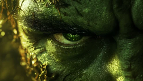 Intense close-up of green-skinned character eye detail.