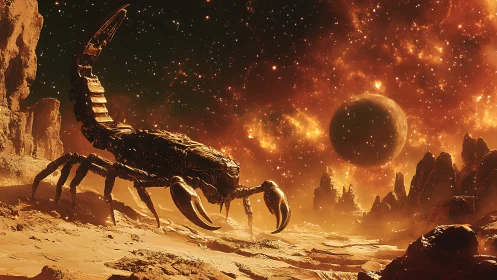 Metallic space scorpion patrols a burning alien horizon