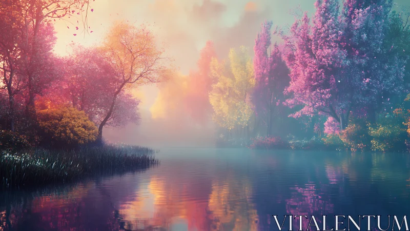 Dreamlike pastel forest reflects softly across calm lake