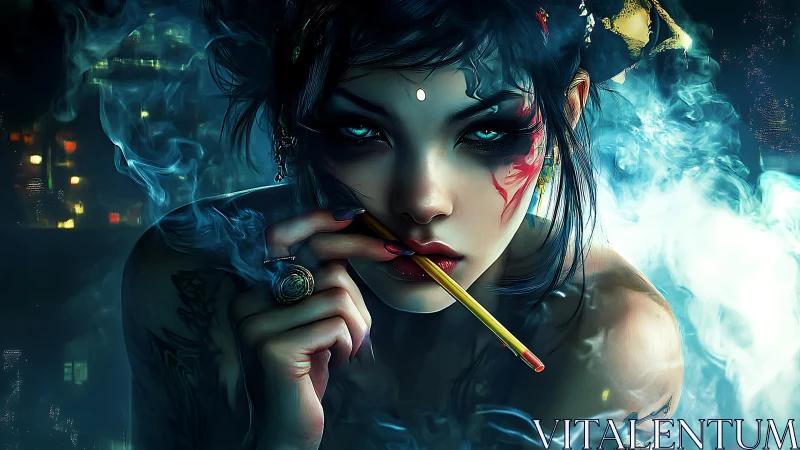Cyberpunk geisha exhales neon smoke through opium pipe.