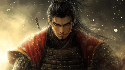Stoic samurai warrior stands defiant amid swirling embers