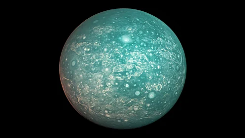 Turquoise icy planet sphere with cratered surface in space.