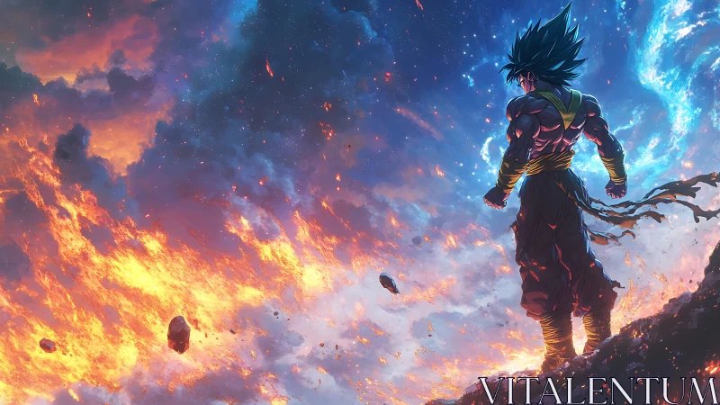 Saiyan warrior overlooking cosmic inferno and stellar sky