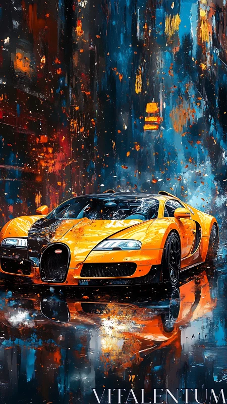 Orange supercar in abstract wet cityscape at night scene.
