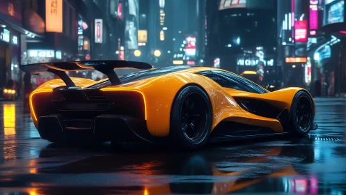 Low-angle view of orange hypercar in wet neon city street.