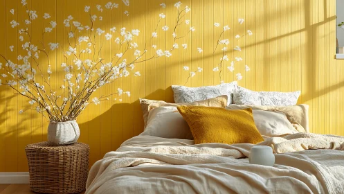 Sunlit yellow bedroom with layered textiles and wicker accent table