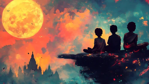 Children watch a blazing moonrise above a dreamlike city
