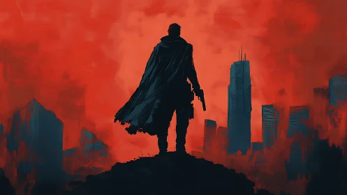 Lone armed figure dominates crimson dystopian skyline.