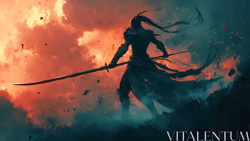Silhouetted warrior with polearm against red luminous sky.
