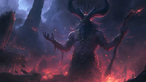 Horned humanoid figure in volcanic ruin landscape at night.