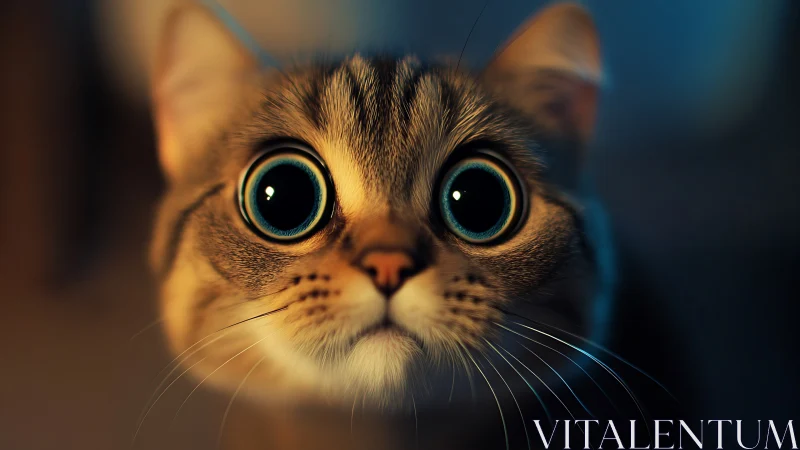 Wide-eyed tabby cat stares directly into shallow depth field