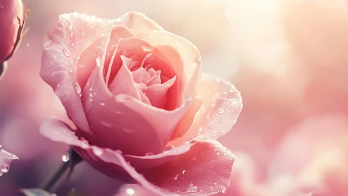 Dawn-kissed blush rose shimmering in soft pastel haze.