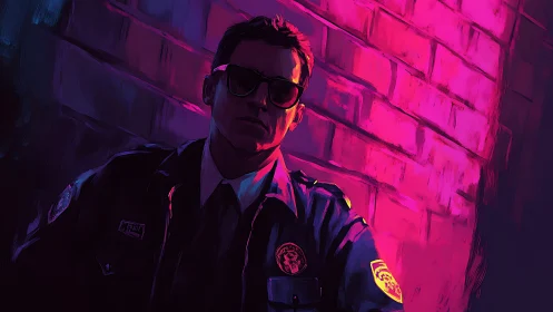 Neon alley officer broods in electric magenta midnight haze.