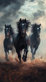 Three black horses run forward through dust and storm clouds