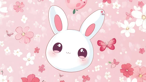 Kawaii bunny head amid pastel blossoms and butterflies.