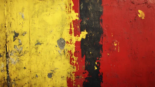 Weathered Wall with Yellow, Black, and Red Abstract Texture.