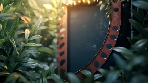 Rusty circular frame glows softly amid lush garden leaves