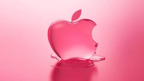 Transparent pink apple logo melting on glossy pink background.