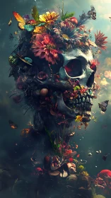 Floral ossuary vertex rendered as bio-luminous skull totem.