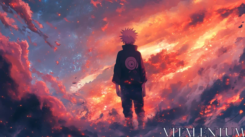 Silhouetted figure observing dense clouds at sunset horizon.