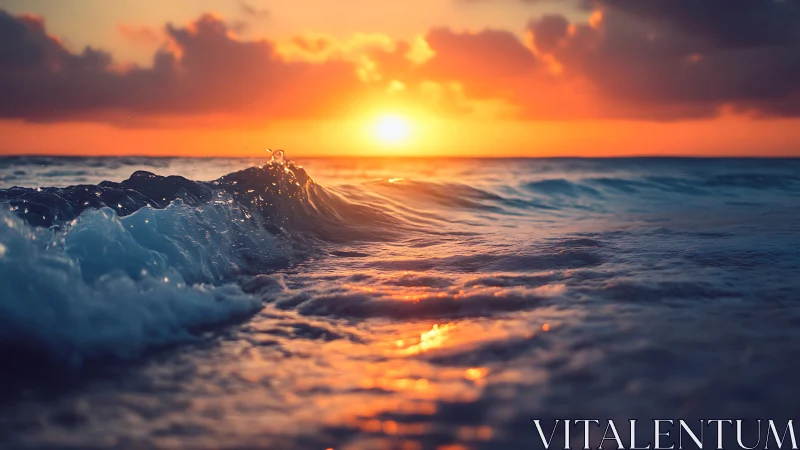 Sunset light over low ocean waves in warm evening glow.