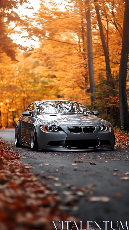 Lowered grey BMW coupe parked on forest road in autumn.