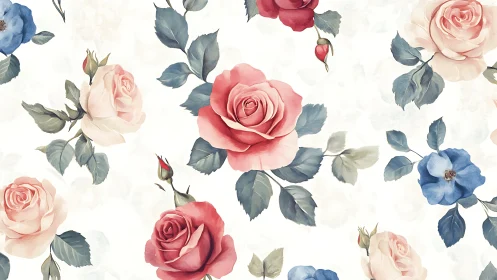 Botanical floral pattern with roses and leaves.