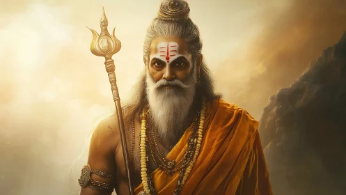 Digital sage portrait with trident under cinematic light.