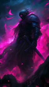 Voidblade knight strides through neon embers of ruin.