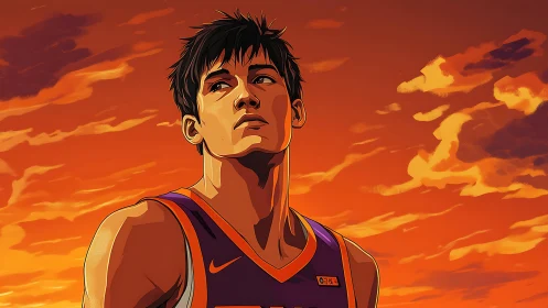 Basketball player portrait in orange sunset sky scene.