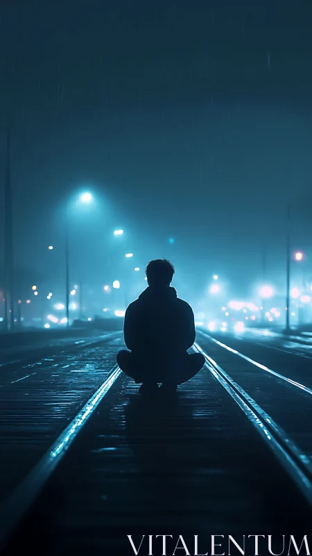 Solitary figure sits on wet railway tracks under blue streetlights