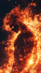 Flame humanoid silhouette rendered with dynamic volumetric fire simulation