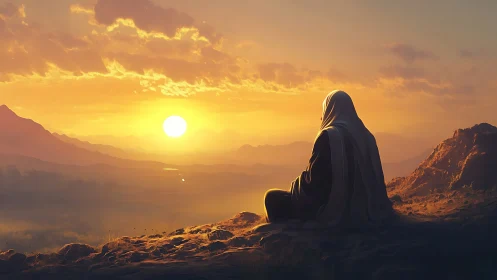 Solitary robed figure contemplates a vast golden sunset.