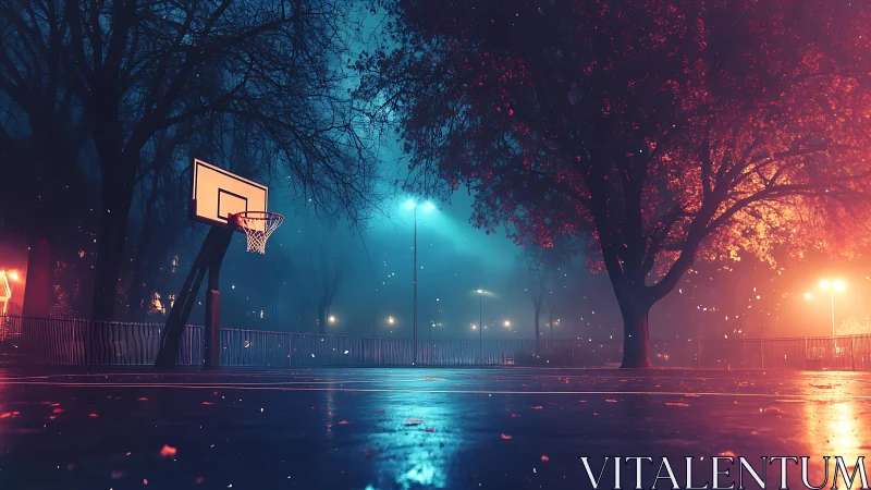 Moody city basketball court glows beneath neon night haze.