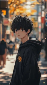 Autumn city wanderer boy bathed in soft anime sunlight.
