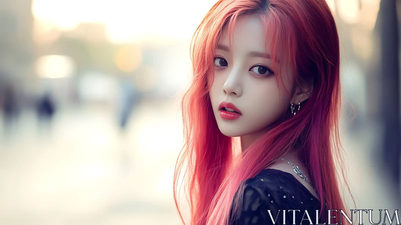 Soft-lit portrait of pink-haired girl in urban dusk street.