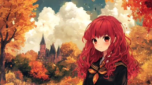 Autumn redhead student before castle under painterly sky.