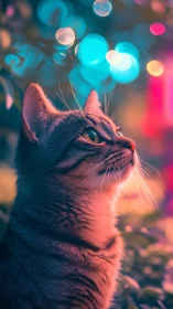 Neon Cat Gazing at Luminous Bokeh Lights.
