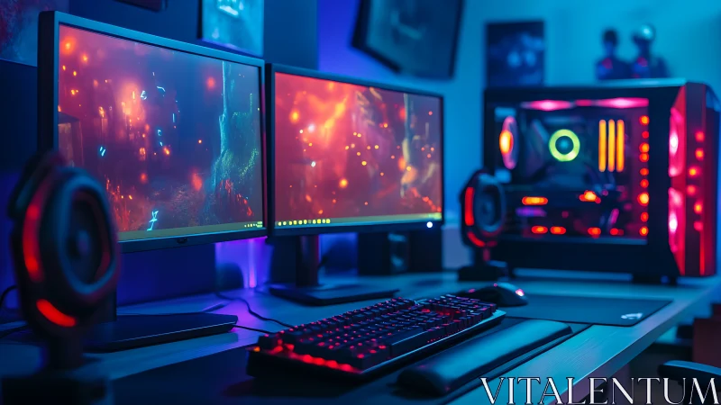 RGB-lit dual monitor gaming setup glows in a neon studio