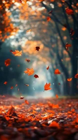 Whirling autumn leaves dance through a glowing forest hush.