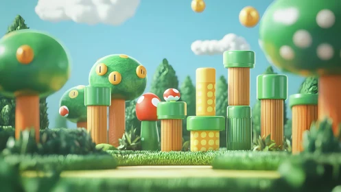 Vibrant 3D Cartoon Forest With Pipes and Coins, Playful Game Style.
