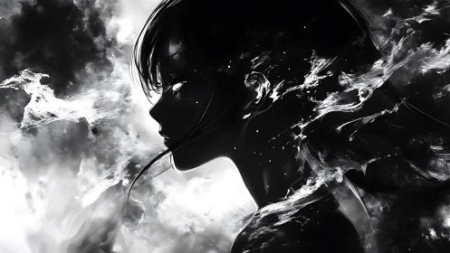 Inkborn stargazer dissolves into swirling monochrome nebulae