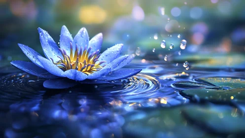 Blue waterlily glow in gentle ripples and drifting light.