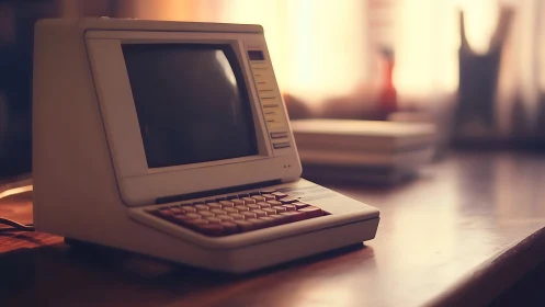 Retro computer glows softly on a warmly lit wooden desk.