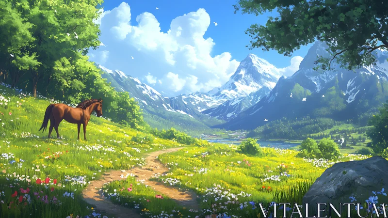 Equine figure on alpine meadow path under cumulus geometry.