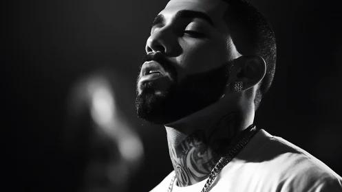 Black and white close-up of tattooed man with beard profile.