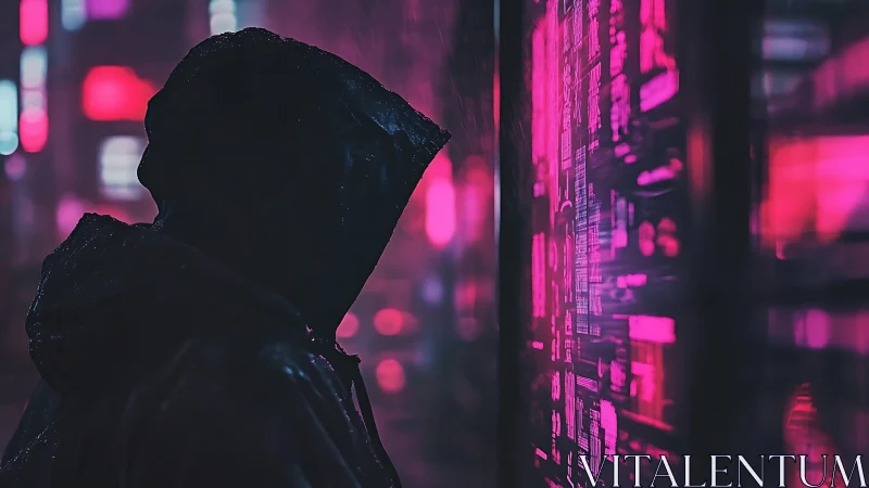 Hooded hacker studies neon code in a rain-soaked cyber city