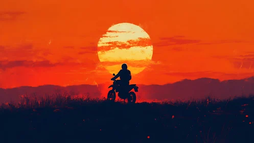 Motorcyclist silhouette before large sun at red sunset horizon.