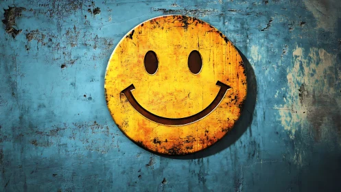 Grunge yellow smile emblem on distressed blue concrete wall.