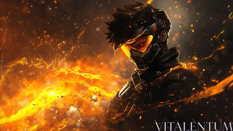 Cybernetic warrior turns amid blazing molten embers